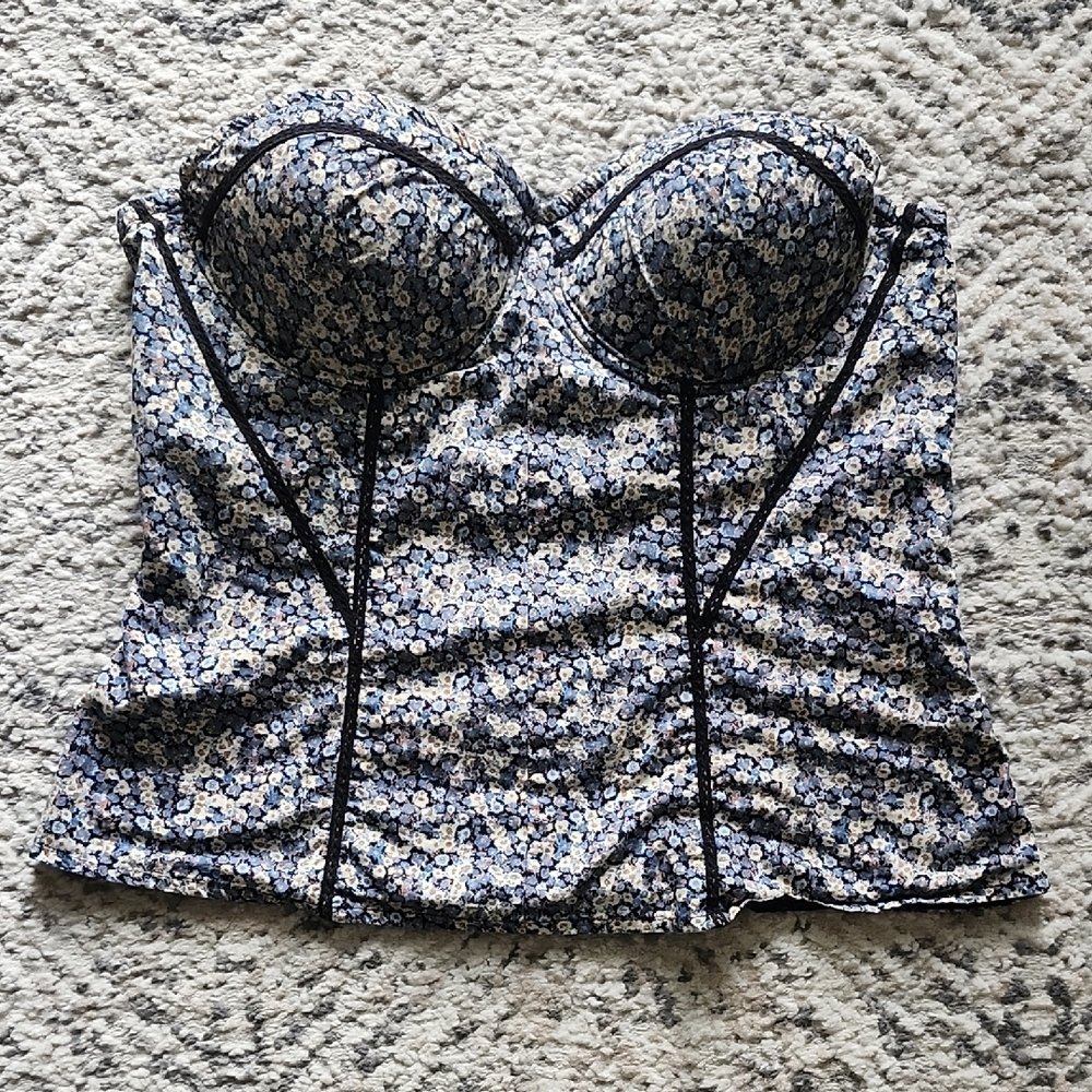 Jessica Simpson Blue Floral Cotton Bustier Corset Top Size Large
